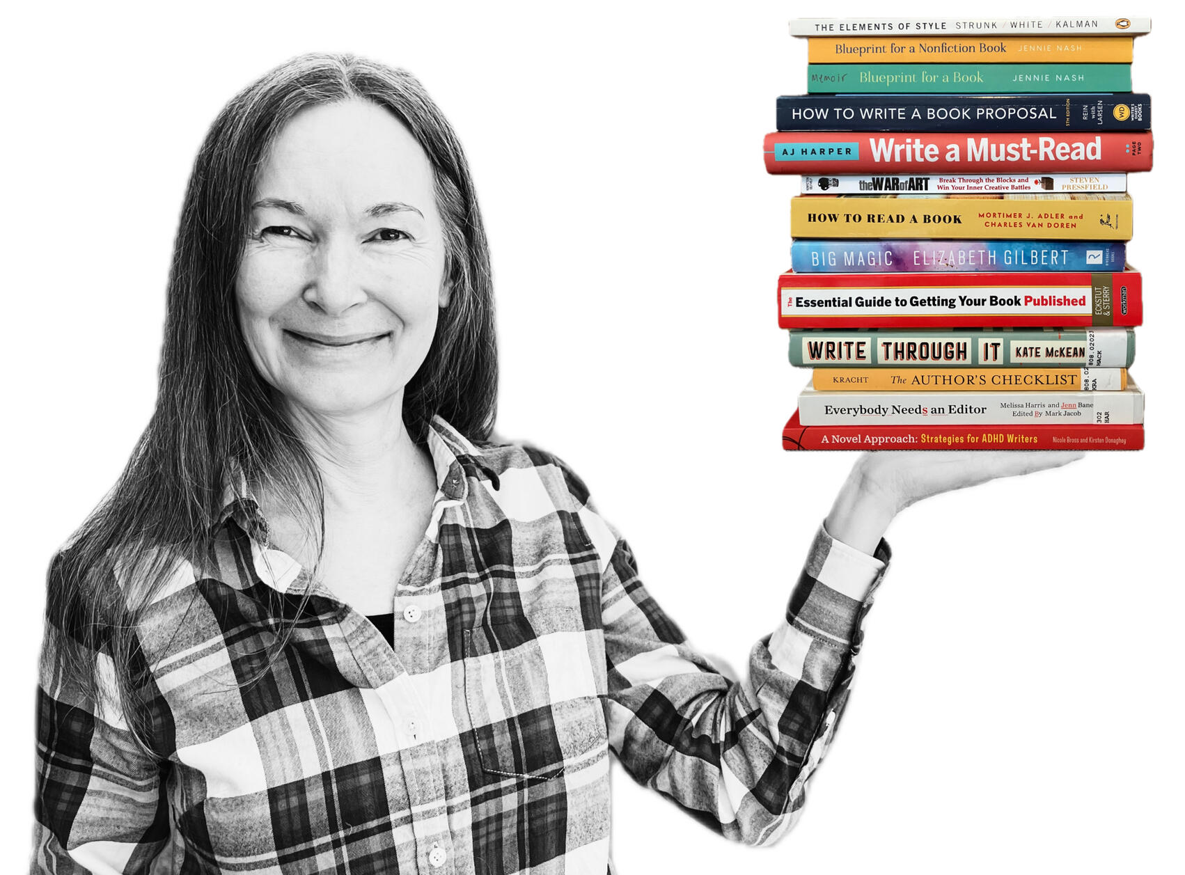 A photo of Michelle holding recommended books.